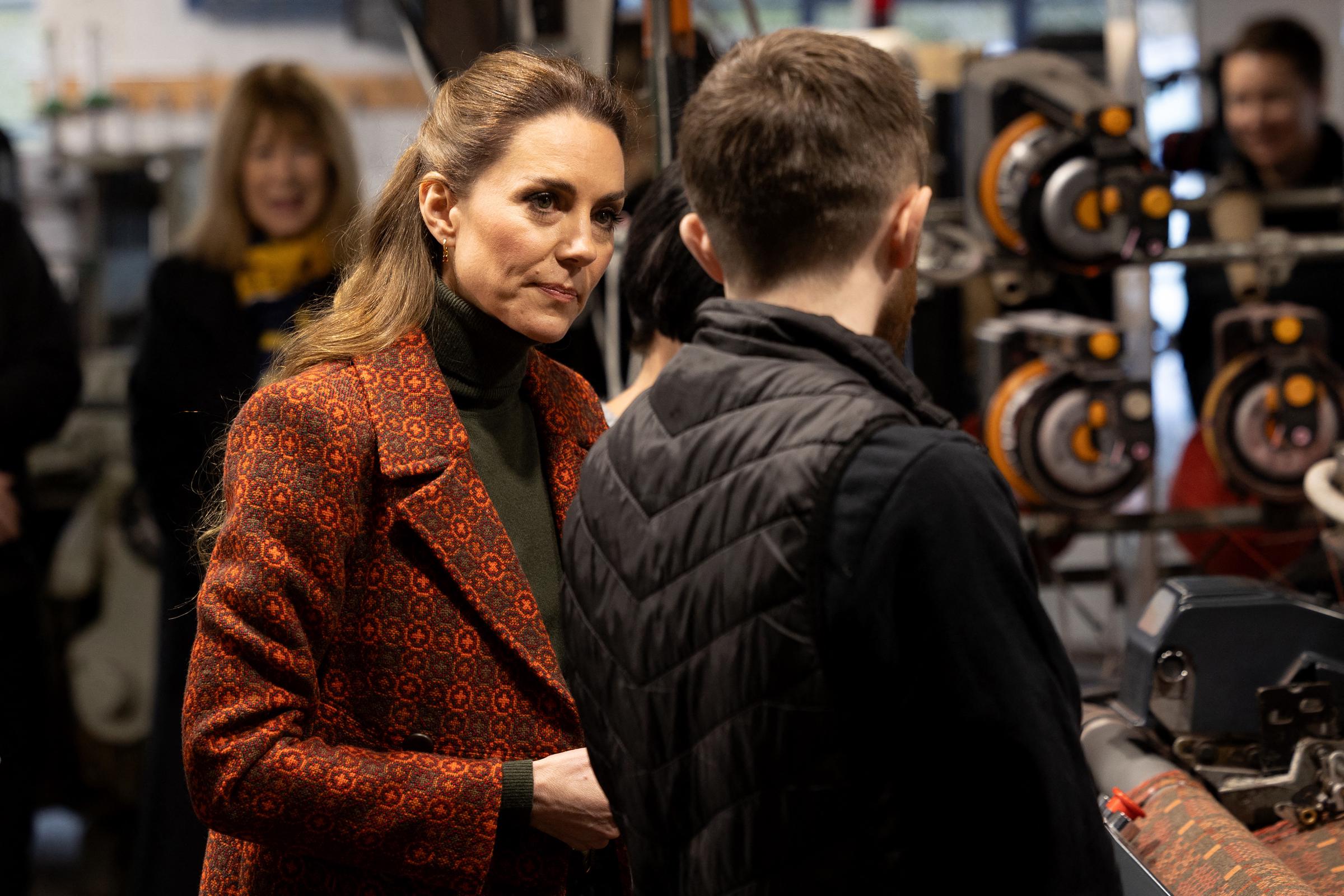 Catherine, Princess of Wales looks on during a visit to Melin Tregwynt, a woollen mill weaving traditional Welsh designs, on 3 February 2026 in Castlemorris, Wales. | Source: Getty Images