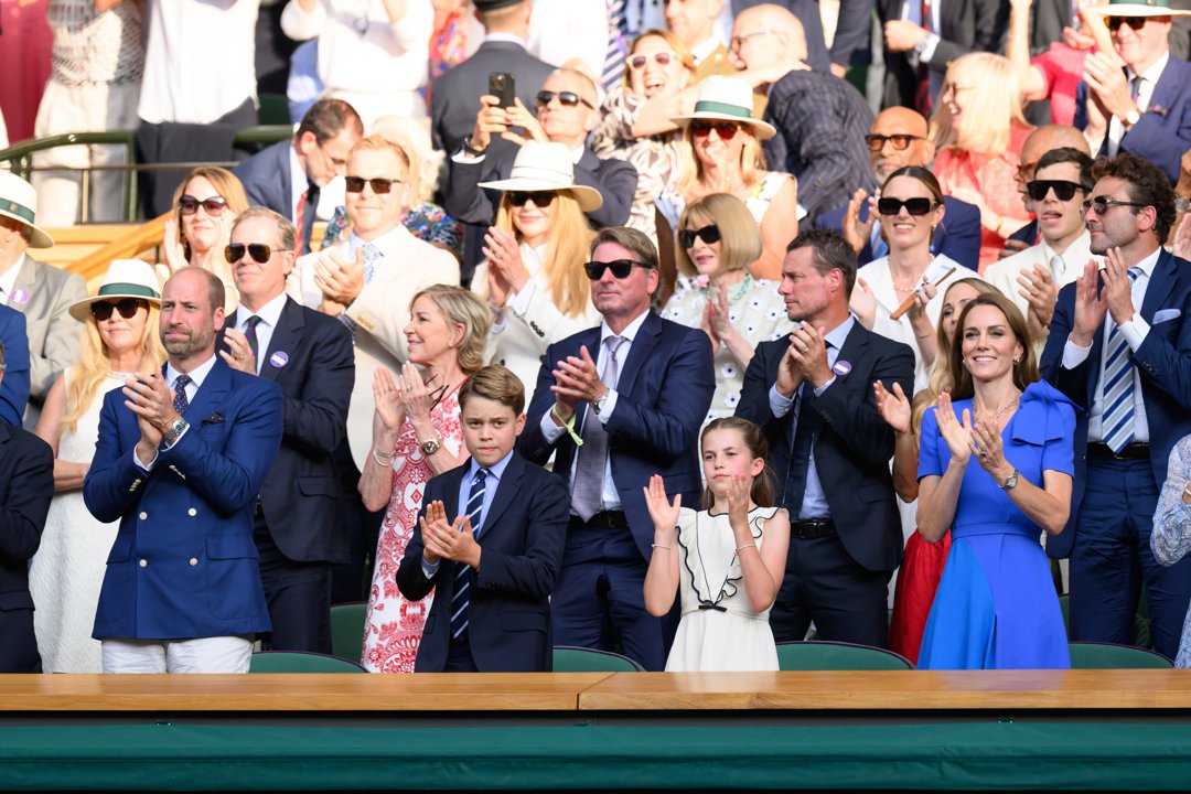 Prince William, Prince George, Princess Charlotte, and Princess Catherine attend Day 14 of the Wimbledon Tennis Championships at the All England Lawn Tennis and Croquet Club on 13 July 2025 in London, England. | Source: Getty Images