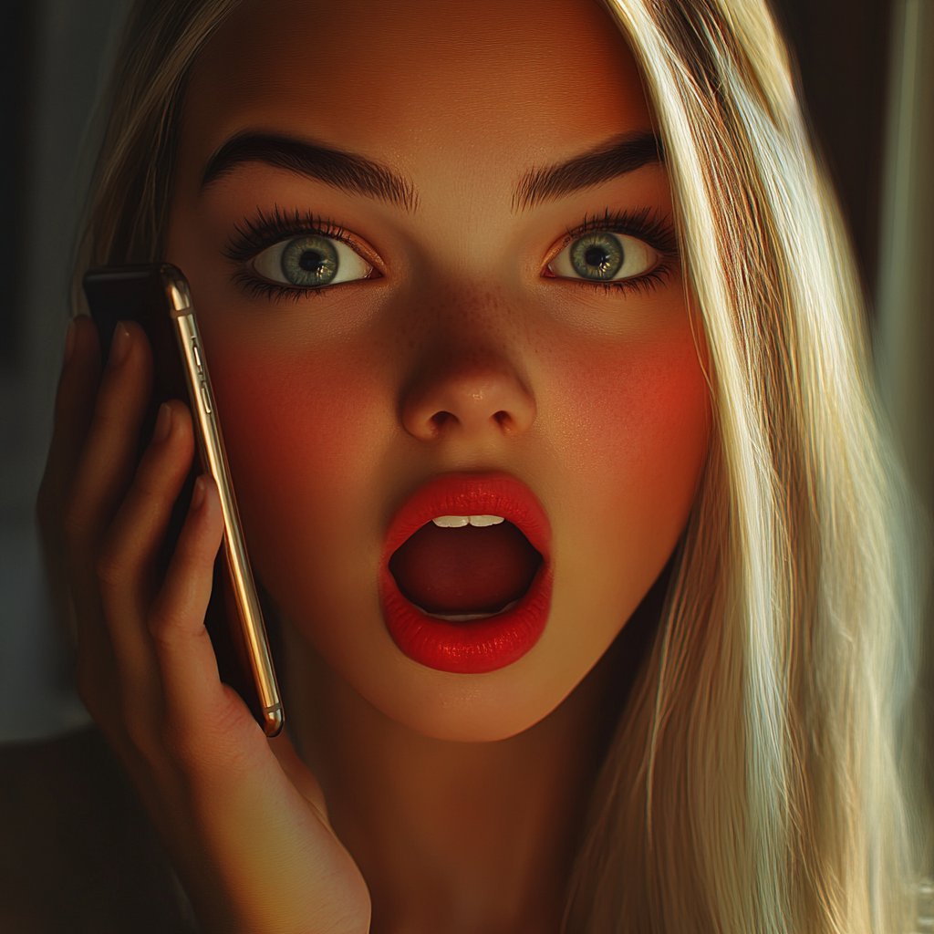A startled woman holding her phone against her ear | Source: Midjourney