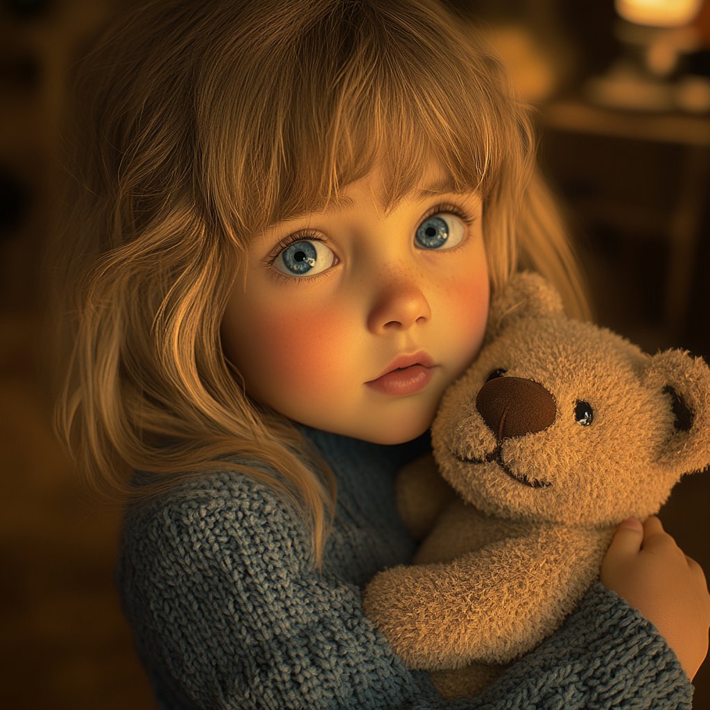 A little girl holding her teddy bear | Source: Midjourney