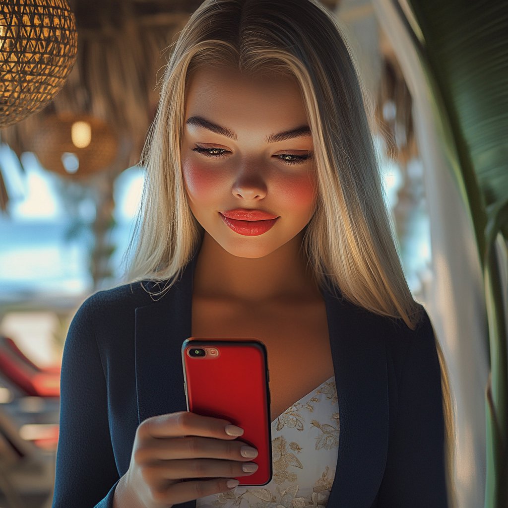 A woman looking at her phone and smiling | Source: Midjourney