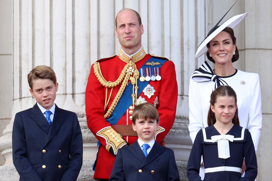 Prince George, Prince William, Prince of Wales, Prince Louis, Princess Charlotte and Catherine, Princess of Wales during Trooping the Colour at Buckingham Palace on 15 June 2024 in London, England. | Source: Getty Images