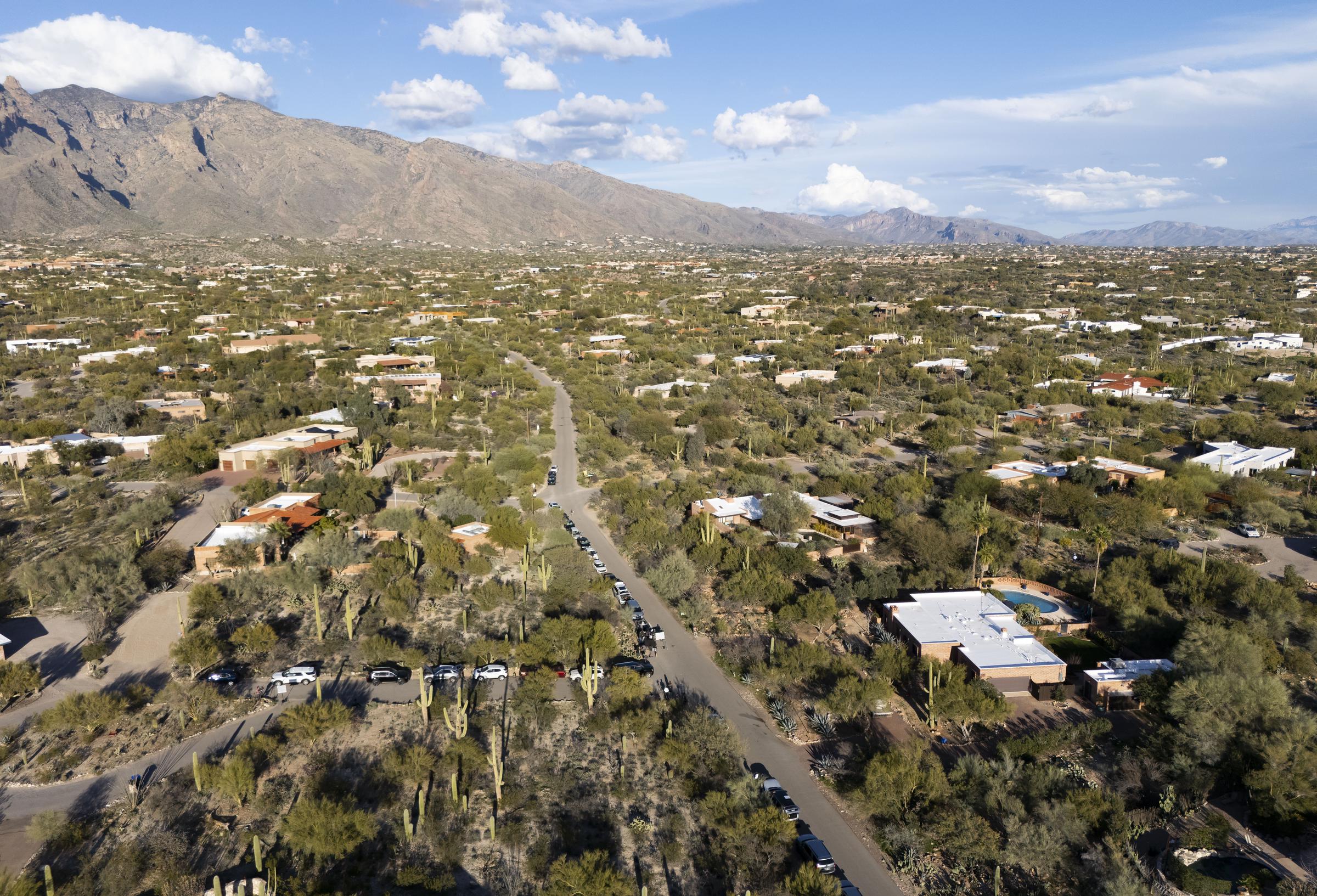 An aerial view shows Nancy Guthrie’s home at bottom right on February 7, 2026 | Source: Getty Images