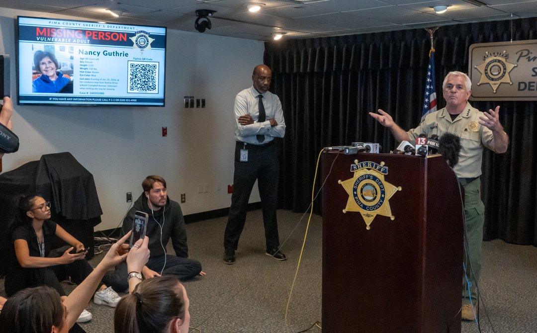 Pima County Sheriff Chris Nanos speaks during a news conference about the search for Nancy Guthrie in Tucson, Arizona, on February 3, 2026 | Source: Getty Images
