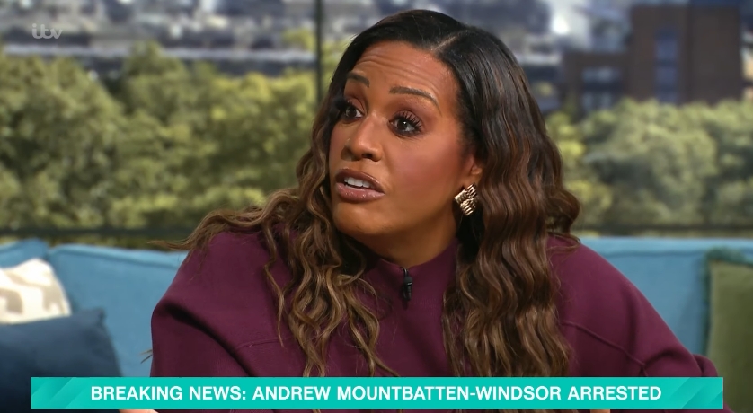 A close-up of Alison Hammond shows the presenter mid-discussion, her expression intent as the Breaking News ticker remains visible below. The studio backdrop of London's skyline contrasts with the gravity of the topic, underscoring the tension that unfolded live on air as the arrest was debated. | Source: YouTube/This Morning
