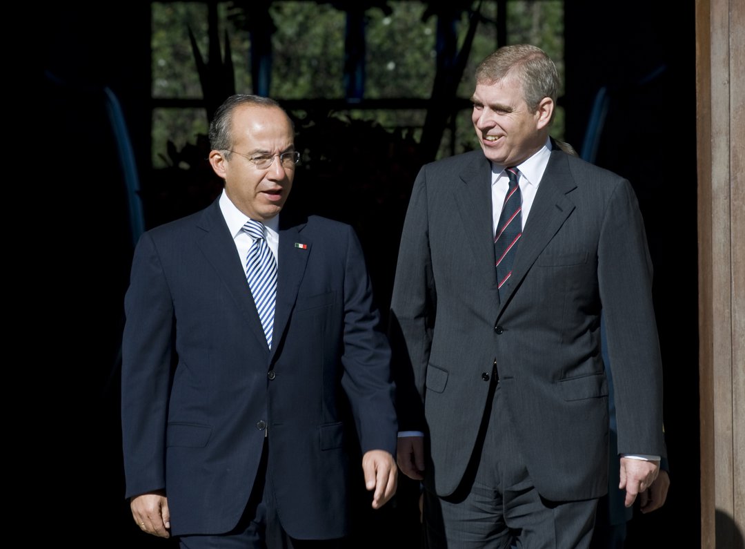 Andrew Mountbatten-Windsor walks with then-Mexican President Felipe Calderon before a press conference at Los Pinos presidential residence on 12 February 2010 in Mexico City. | Source: Getty Images