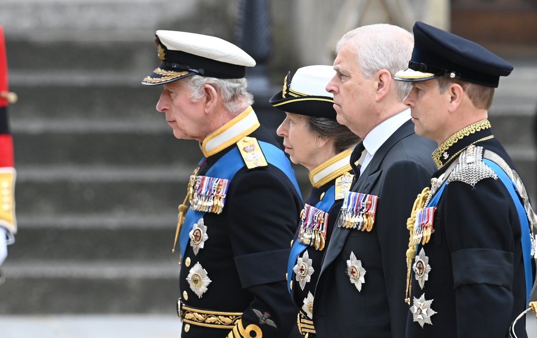 King Charles III, Princess Anne, Andrew Mountbatten-Windsor, and Prince Edward, Earl of Wessex, during the funeral of Her Majesty Queen Elizabeth II at Westminster Abbey on September 19, 2022. | Source: Getty Images