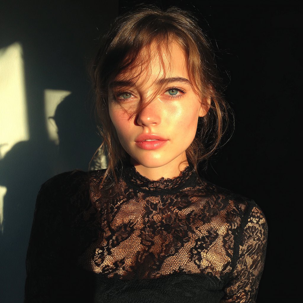 An emotional woman wearing a black lace dress | Source: Midjourney