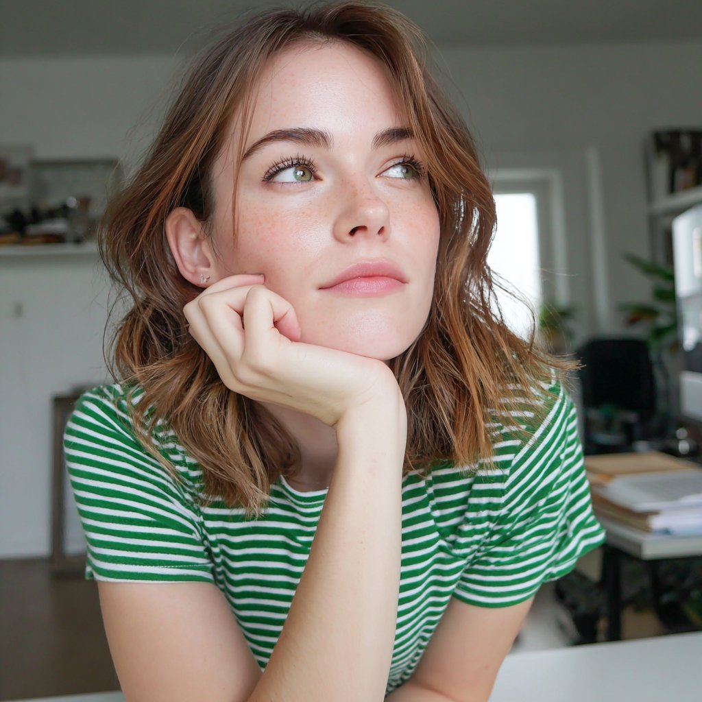 A pensive woman leaning against a table | Source: Midjourney