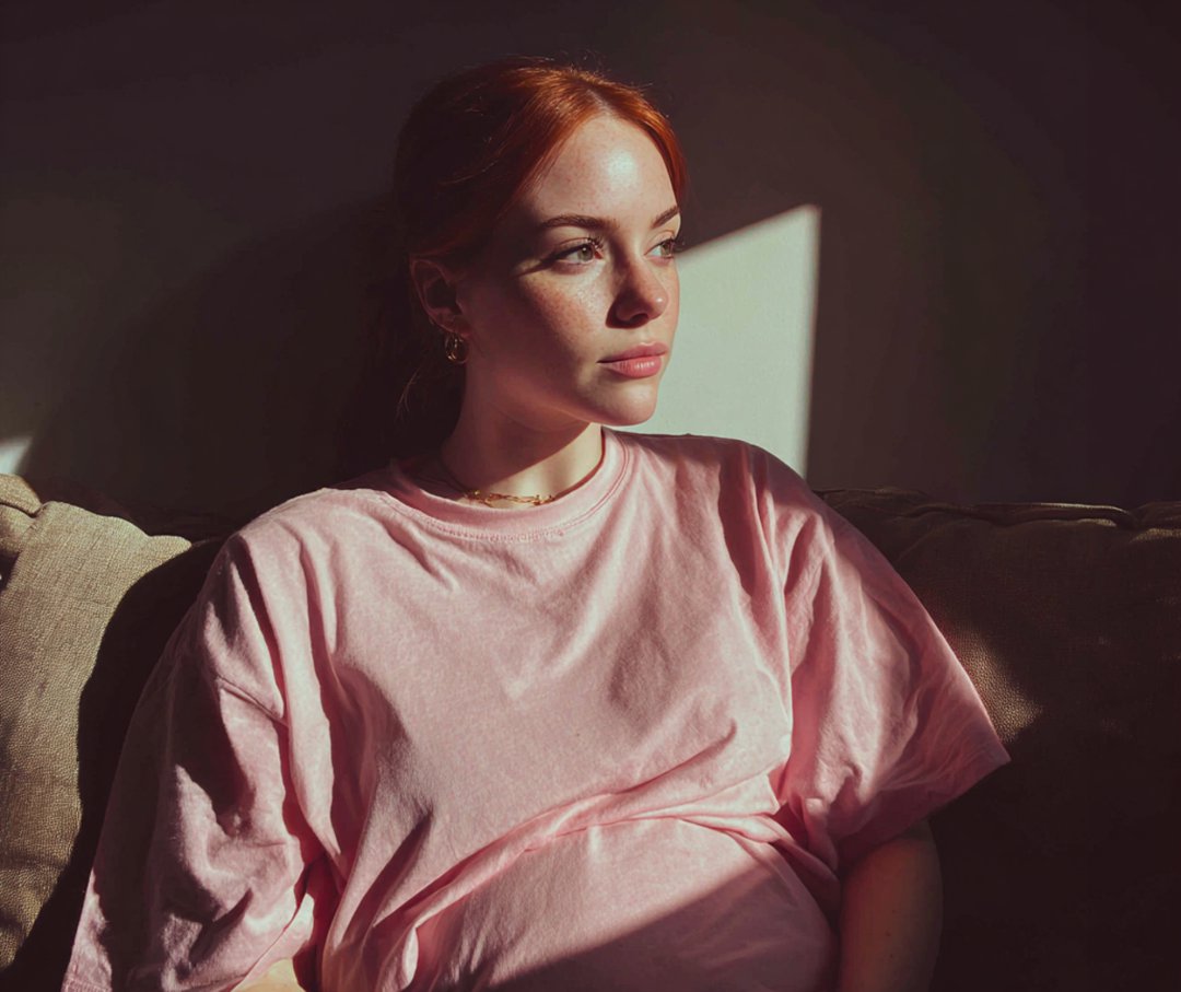 A pregnant woman sitting on a couch | Source: Midjourney