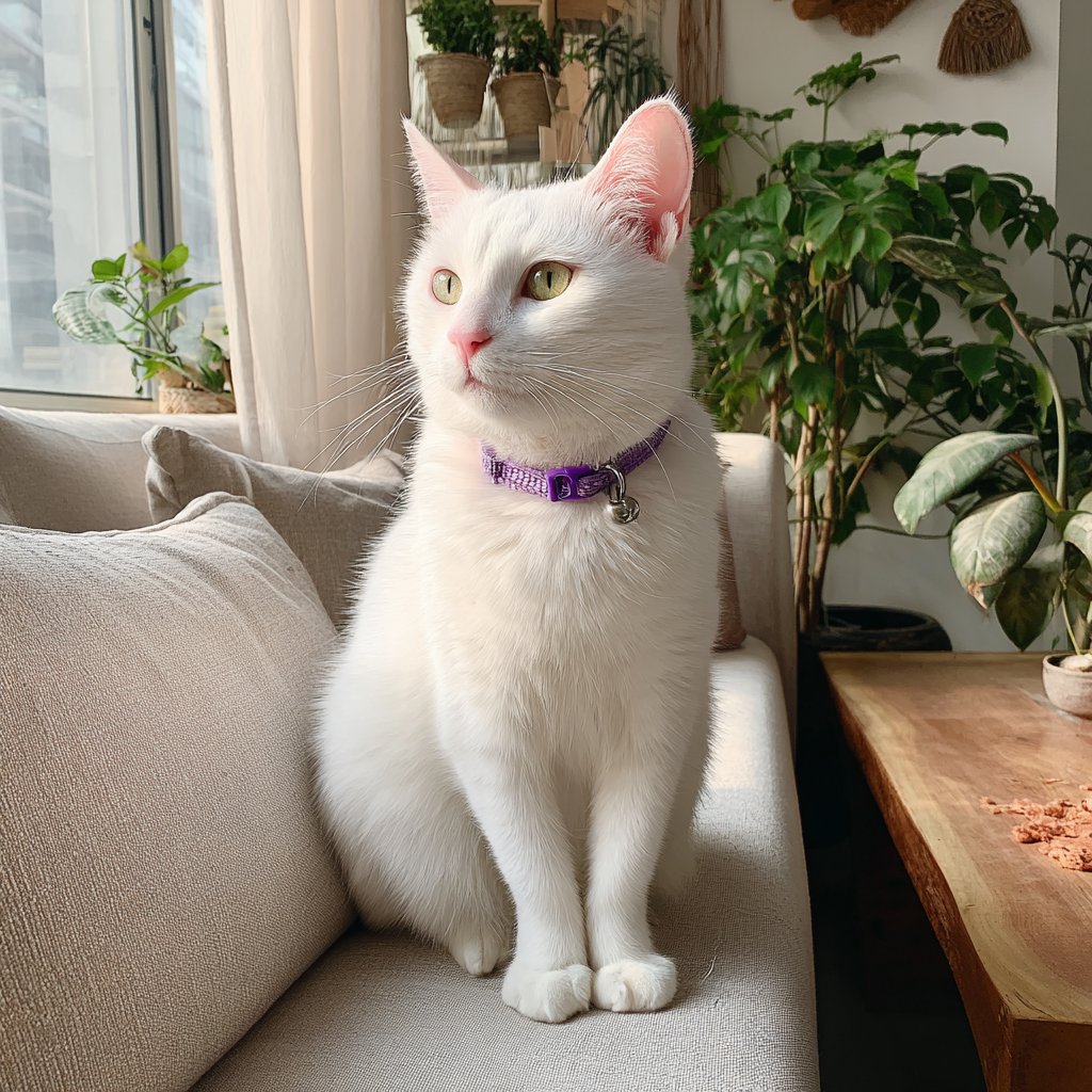A white cat sitting on a couch | Source: Midjourney