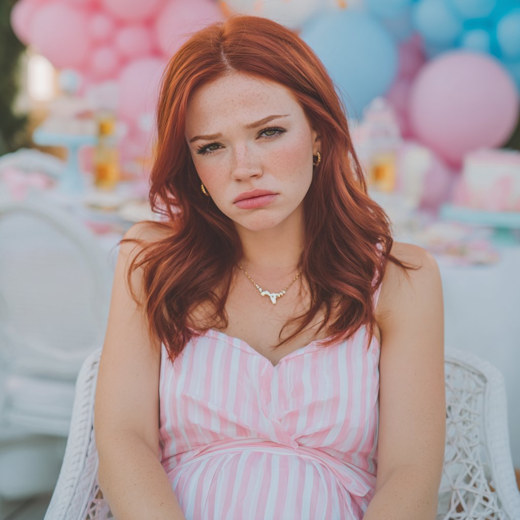 An upset woman wearing a pink and white dress | Source: Midjourney