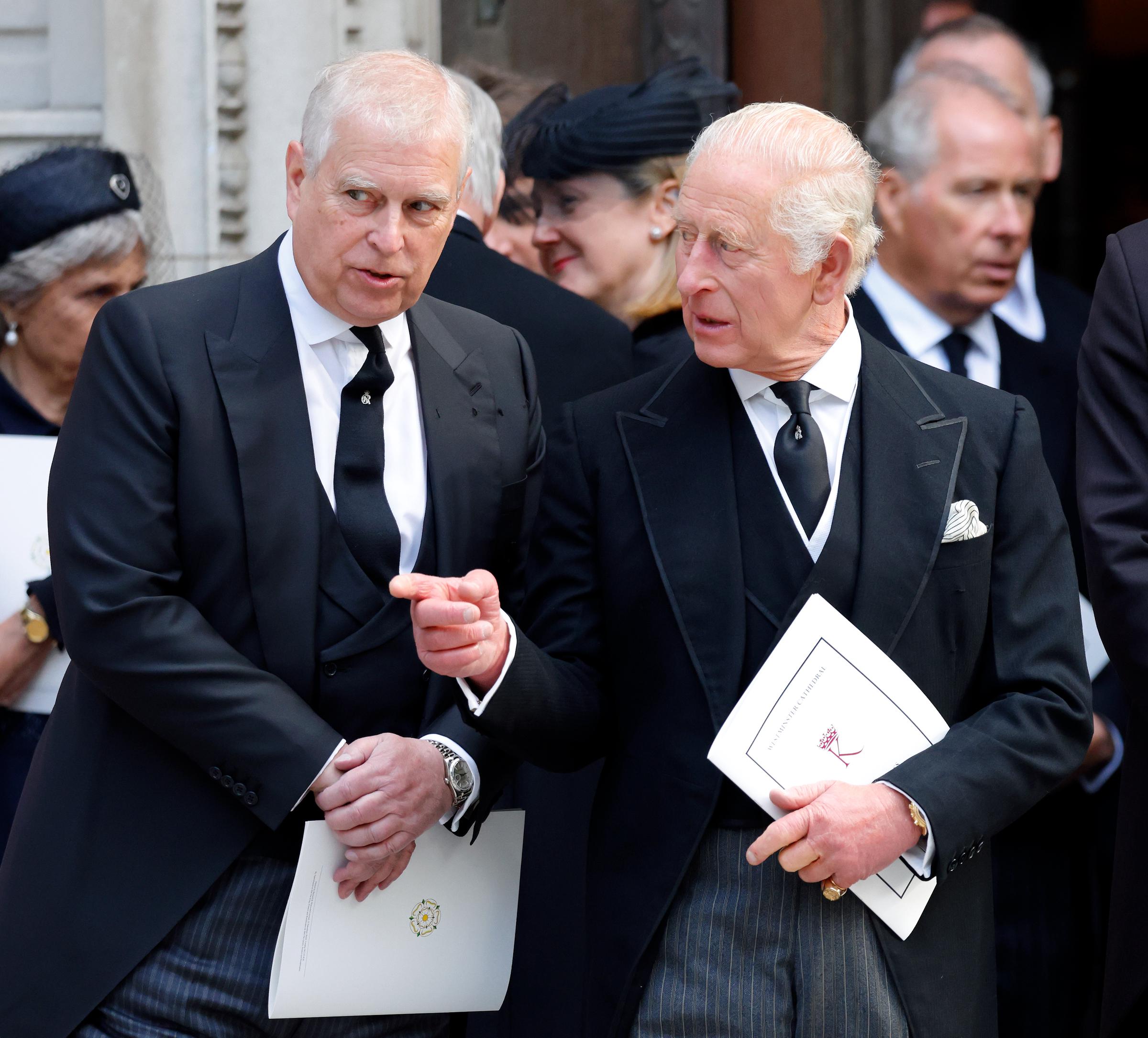 Andrew Mountbatten-Windsor and King Charles III at Katharine, Duchess of Kent's Requiem Mass service at Westminster Cathedral on September 16, 2025, in London, England. | Source: Getty Images