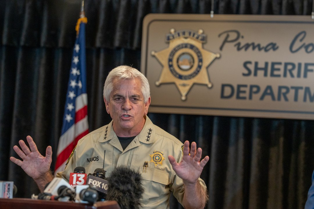 Sheriff Chris Nanos addresses reporters as investigators provide updates on the disappearance of Nancy Guthrie in Tucson, on February 3, 2026. | Source: Getty Images