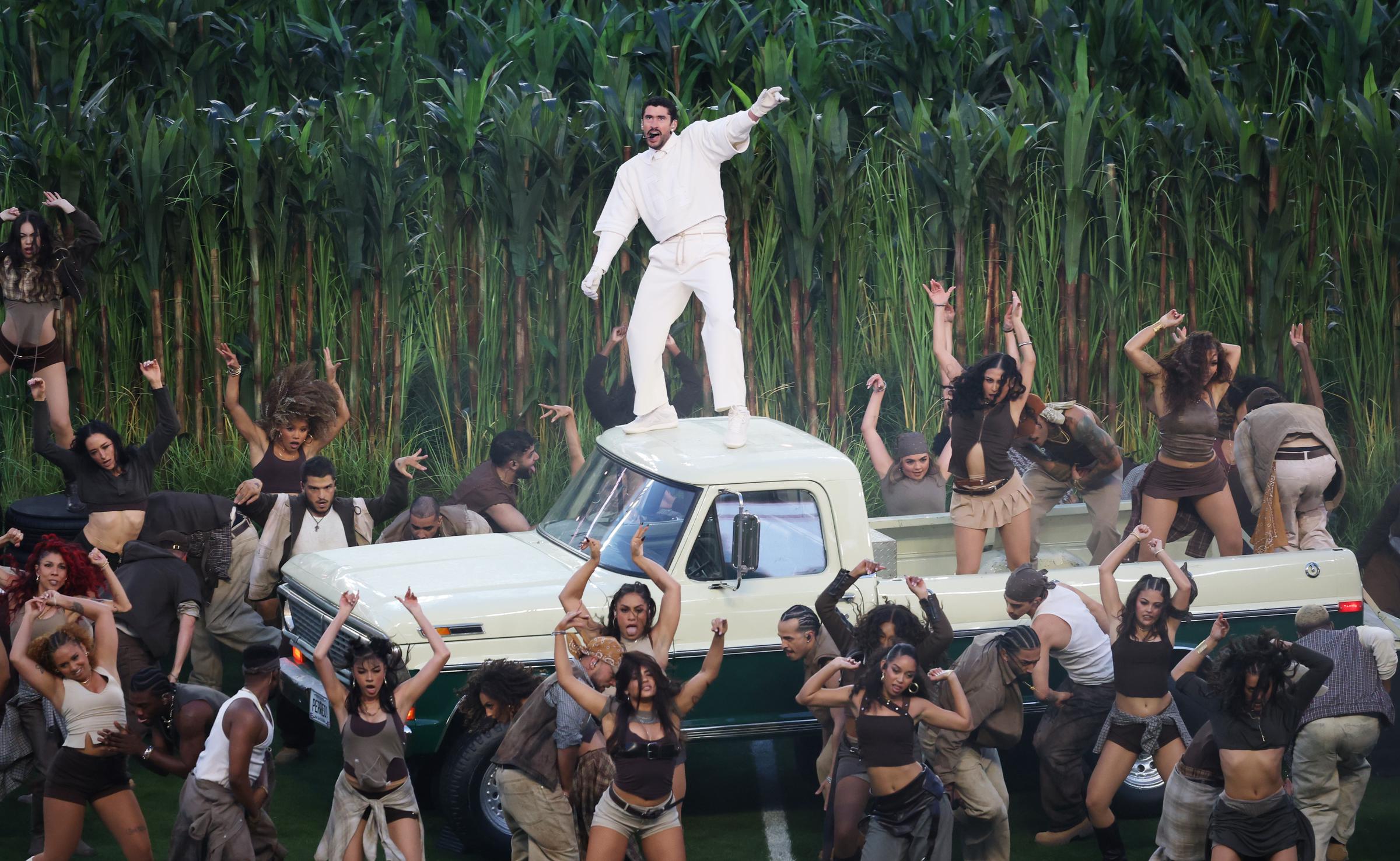 Bad Bunny performs during the Apple Music Super Bowl LX Halftime Show at Levi's Stadium in Santa Clara, California  on February 8, 2026. | Source: Getty Images