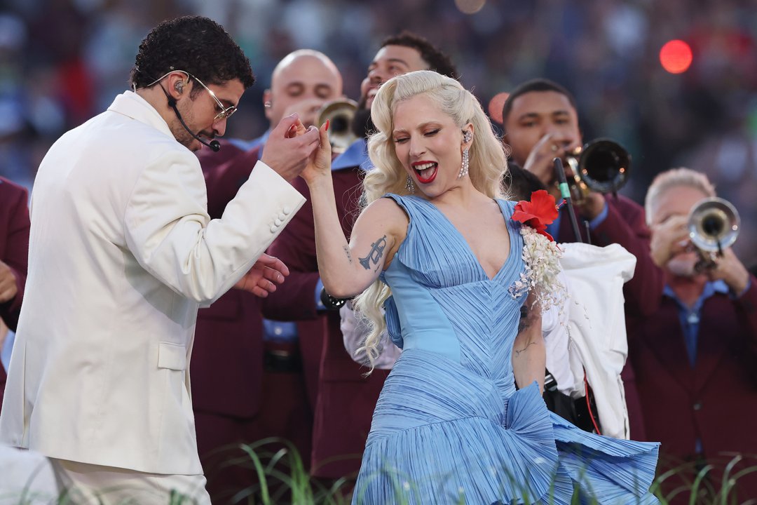 Bad Bunny and Lady Gaga perform onstage during the Apple Music Super Bowl LX Halftime Show in California on February 8, 2026. | Source: Getty Images