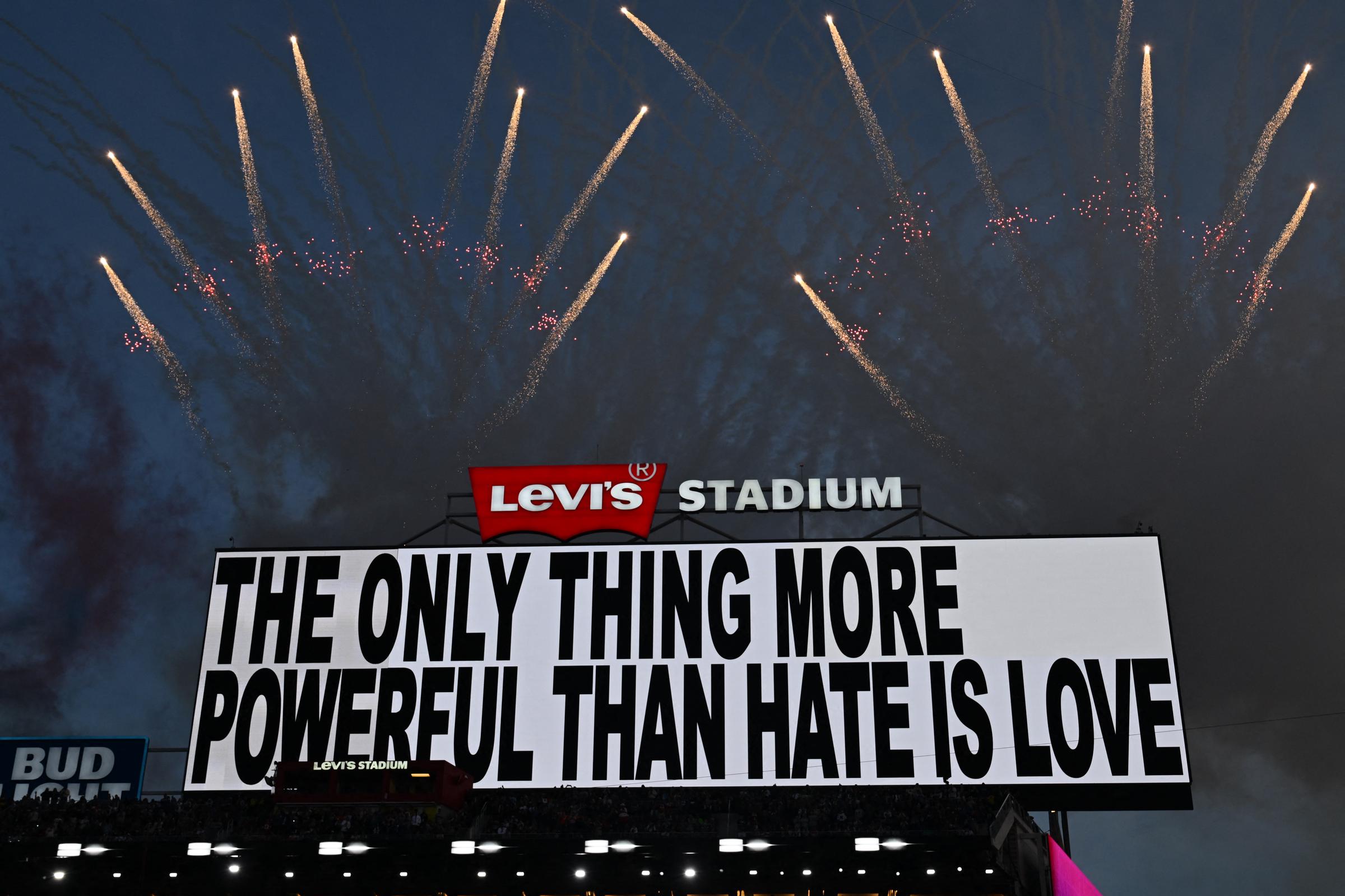 The message displayed while Bad Bunny performs during the Super Bowl LX Halftime Show in California on February 8, 2026. | Source: Getty Images