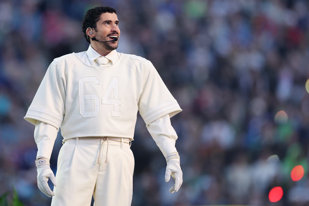 Bad Bunny performs onstage at the Super Bowl LX Halftime Show at Levi's Stadium in Santa Clara, California on February 8, 2026. | Source: Getty Images