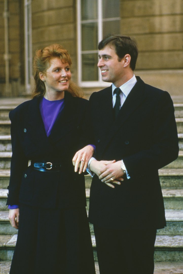 Andrew Mounbatten-Windsor with Sarah Ferguson at Buckingham Palace after the announcement of their engagement on Prince Andrew with Sarah Ferguson at Buckingham Palace after the announcement of their engagement on 17 March 1986 in London, England. | Source: Getty Images