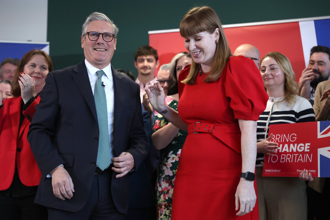 Prime Minister Keir Starmer and former Deputy Prime Minister Angela Rayner attend to launch the Labour Party's local election campaign at Peak Pharmacy, PCT Healthcare Ltd, on 3 April 2025 in Chesterfield, England. | Source: Getty Images