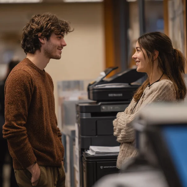 A man and a woman talking at the library | Source: Midjourney