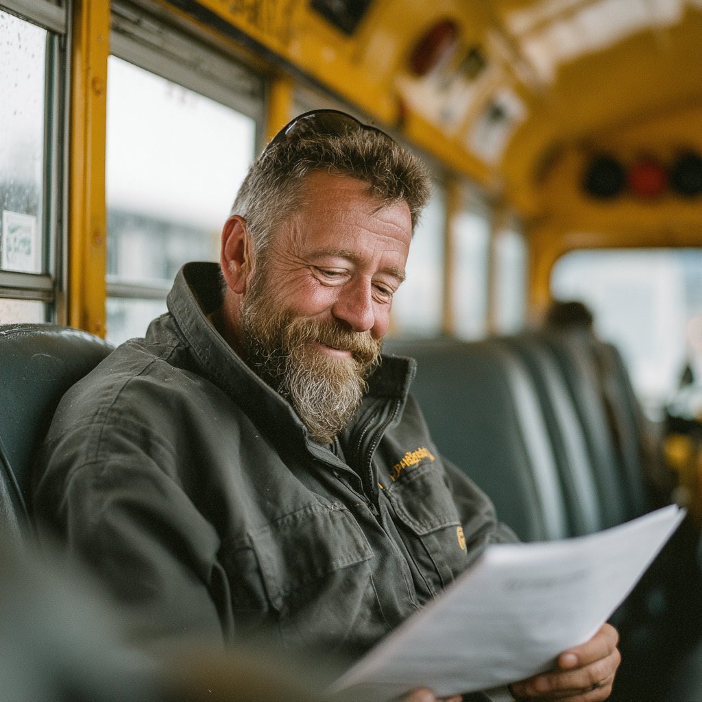 A happy bus driver reading a note | Source: Midjourney