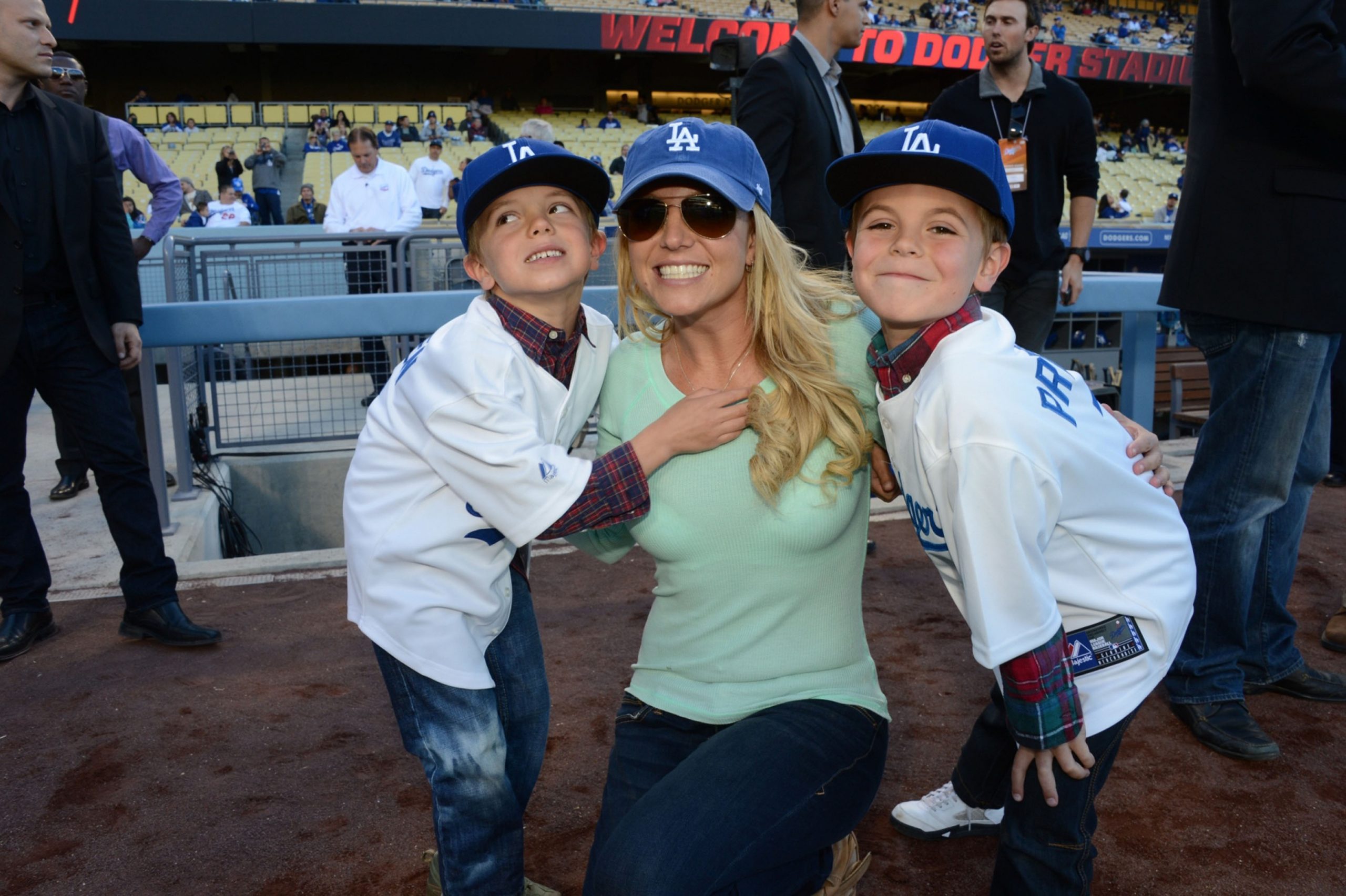 Britney Spears with sons Jayden James and Sean Preston Federline at a Los Angeles Dodgers vs. San Diego Padres game at Dodger Stadium on April 17, 2013 | Source: Getty Images