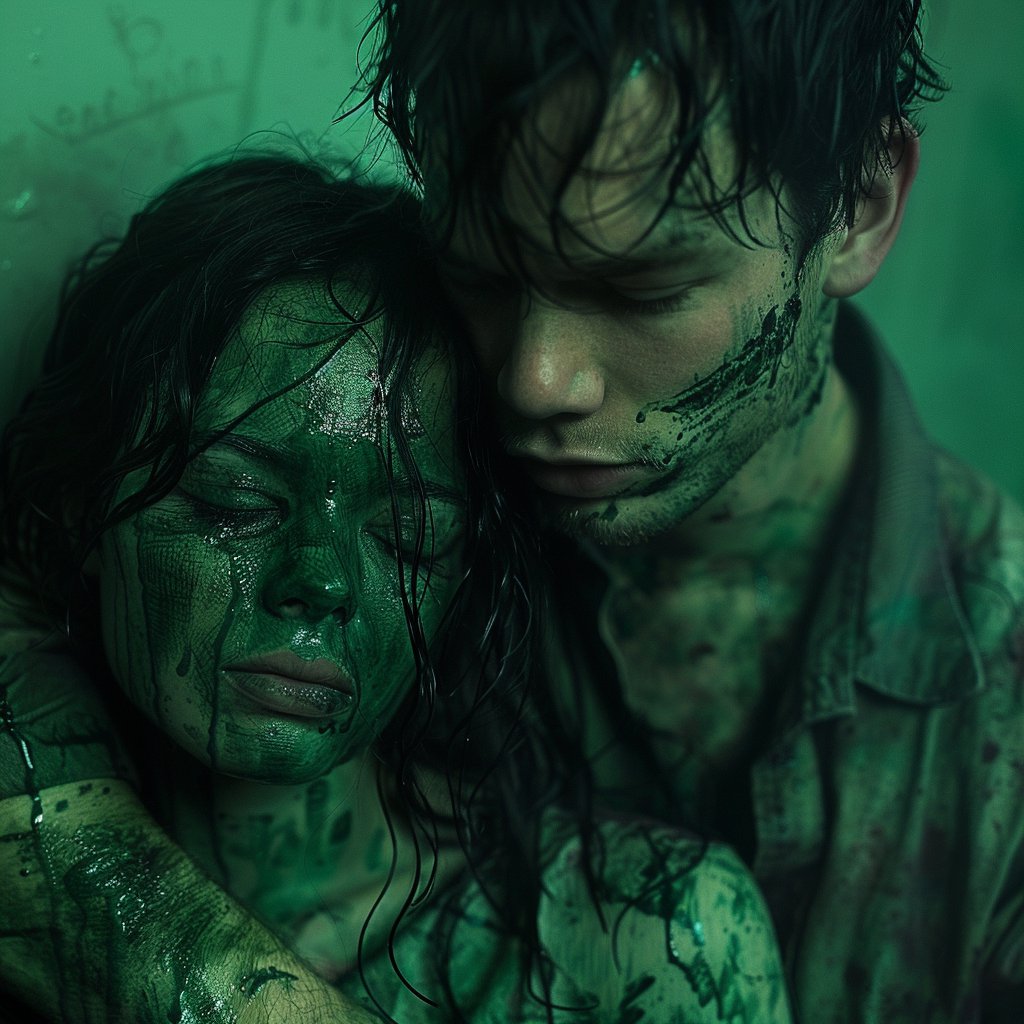 A sad couple covered in green dye | Source: Midjourney