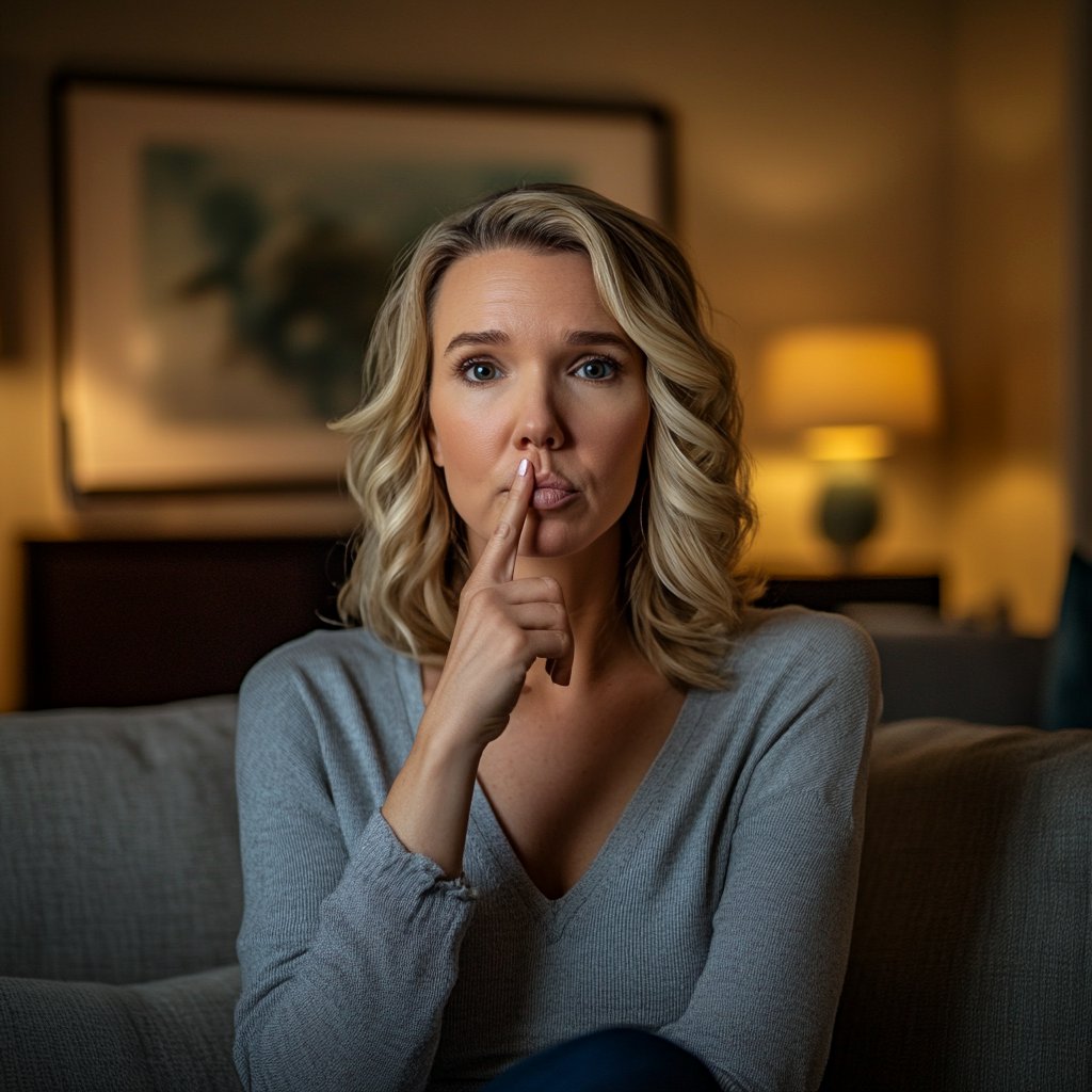 A woman placing a finger to her lips, making a 