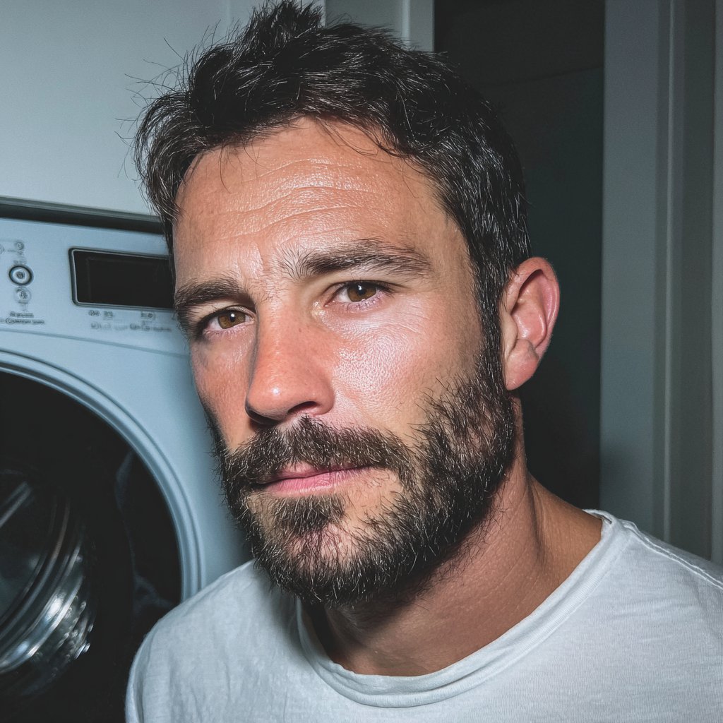 A tired man standing next to a washing machine | Source: Midjourney