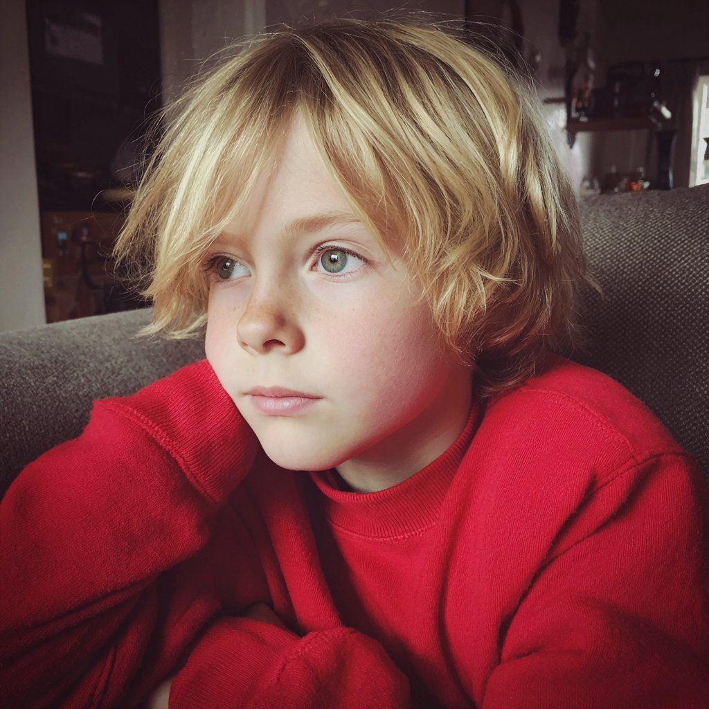 A pensive little boy sitting on a couch | Source: Midjourney