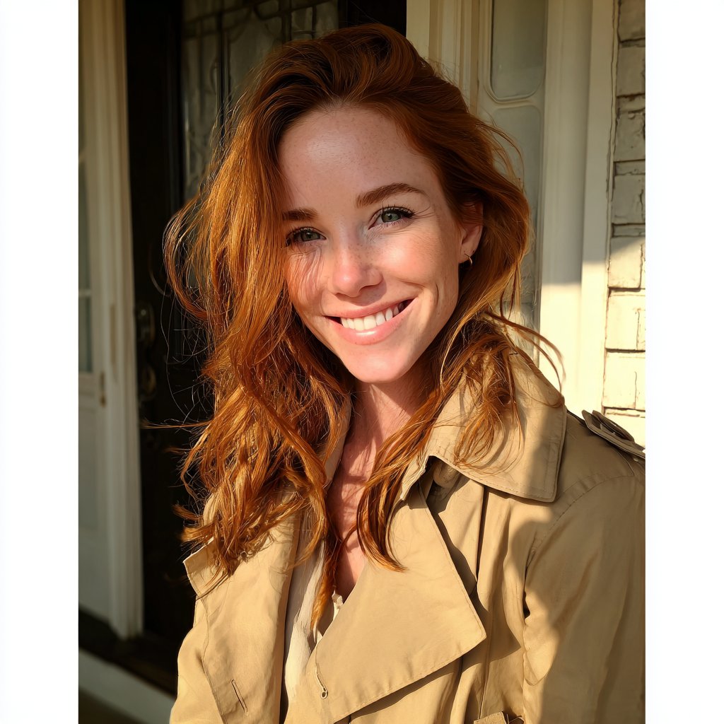 A smiling woman in a beige trench coat | Source: Midjourney