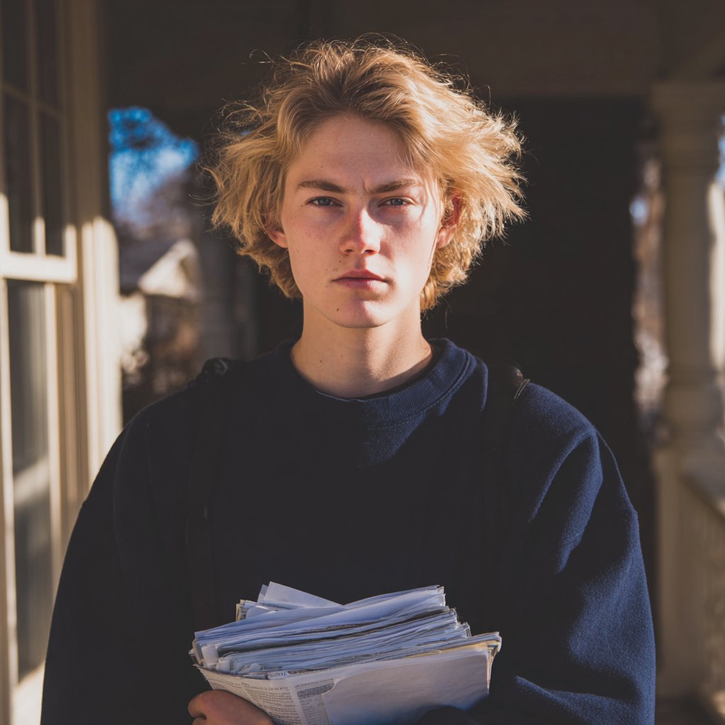 A frowning young man holding a stack of documents | Source: Midjourney