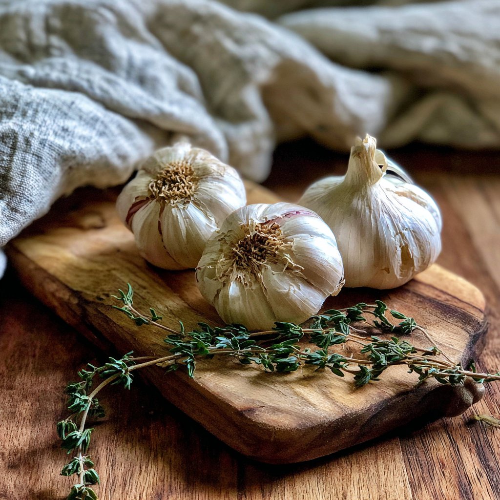Garlic and thyme on a wooden board | Source: Midjourney