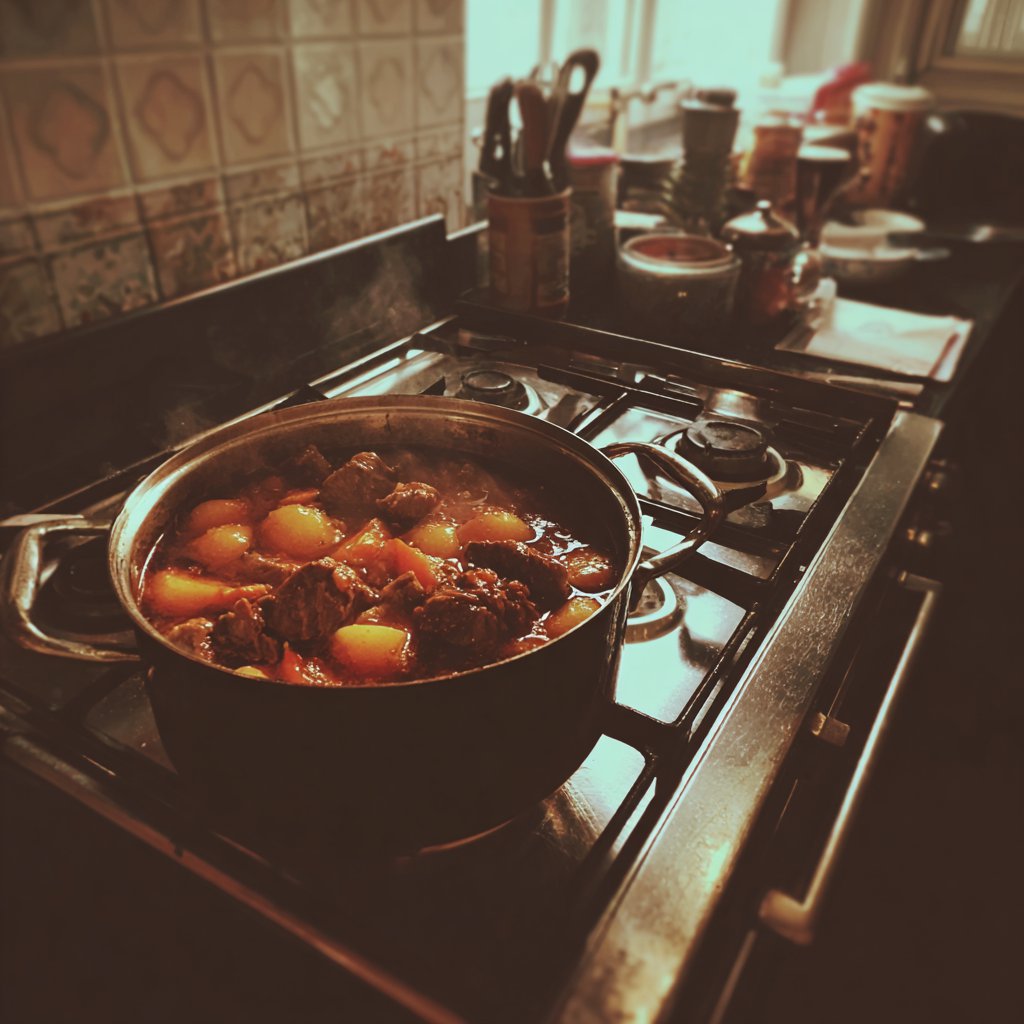 A pot of lamb stew on a stove | Source: Midjourney