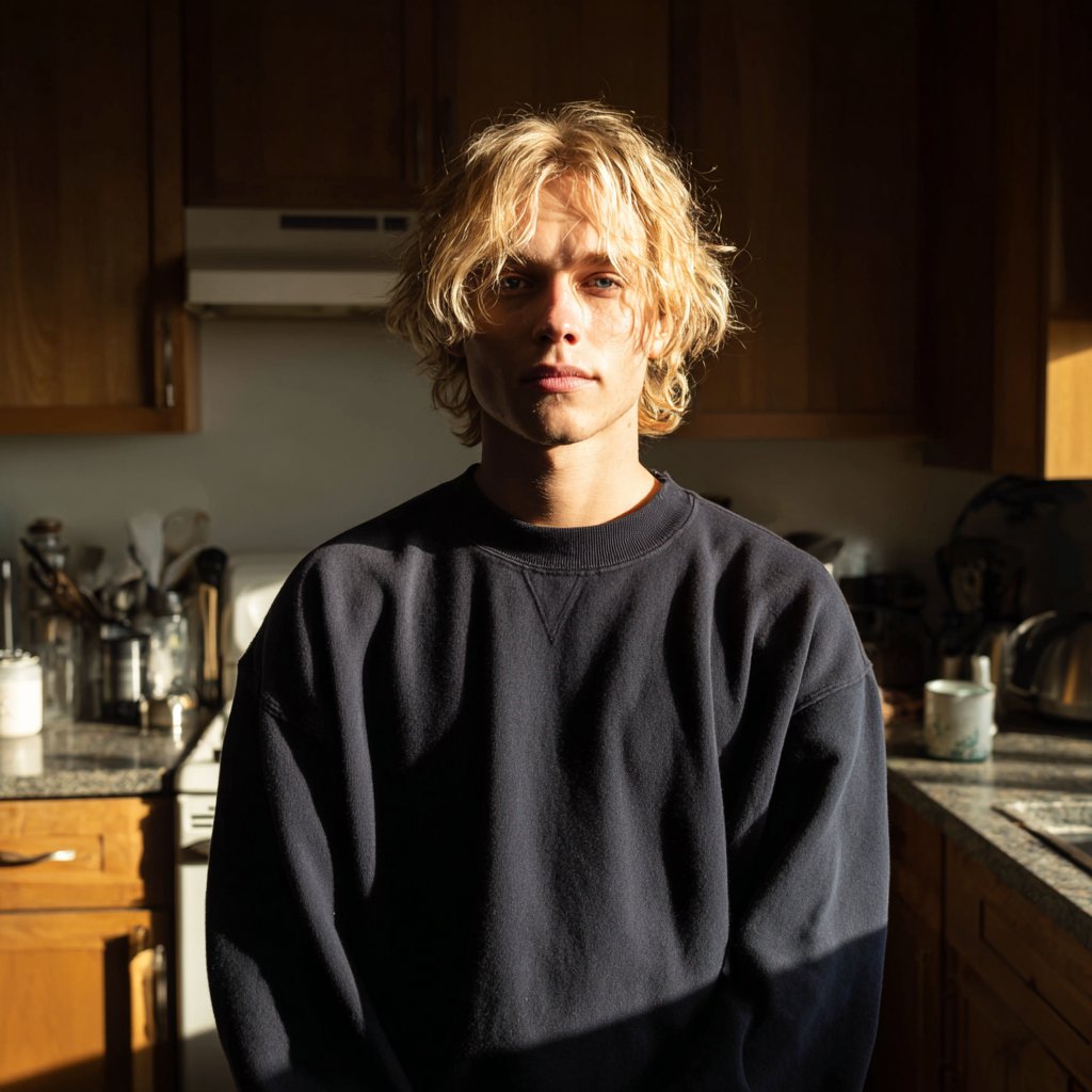 A young man standing in a kitchen wearing a navy sweatshirt | Source: Midjourney