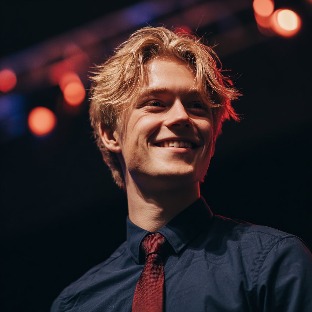 A smiling young man standing on a stage | Source: Midjourney