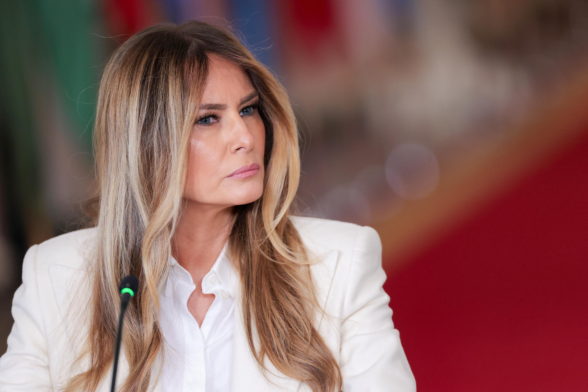 Melania Trump speaks at the Fostering the Future Together Global Coalition Summit in the East Room at the White House on March 25, 2026 in Washington, DC.