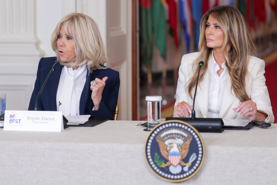 Melania Trump and Brigitte Macron stand in the East Room during the summit at the White House in Washington, D.C. on March 25, 2026. | Source: Getty Images
