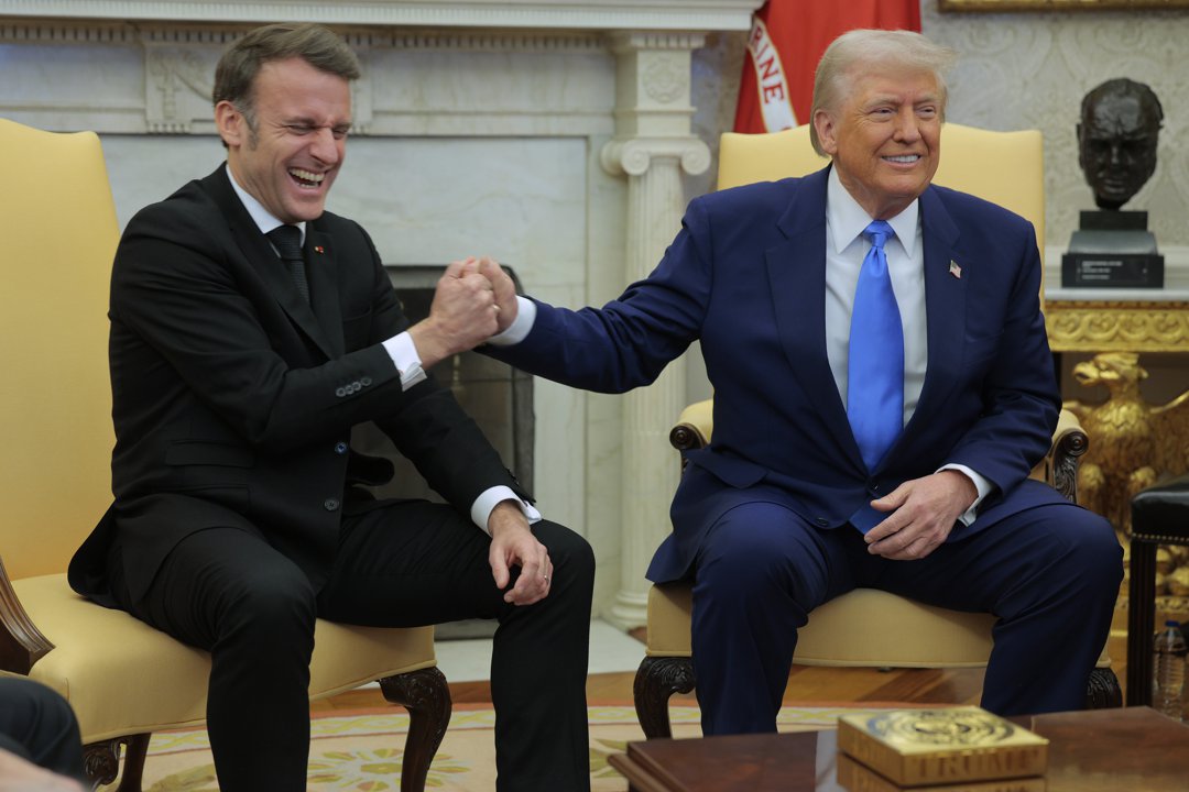 Emmanuel Macron and Donald Trump share a moment in the Oval Office. | Source: Getty Images