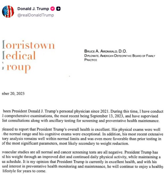 A screenshot showing Donald Trump's Truth Social post showing what Bruce Aronwald said about Trump's health, posted on November 20, 2023. | Source: TruthSocial/@realDonaldTrump