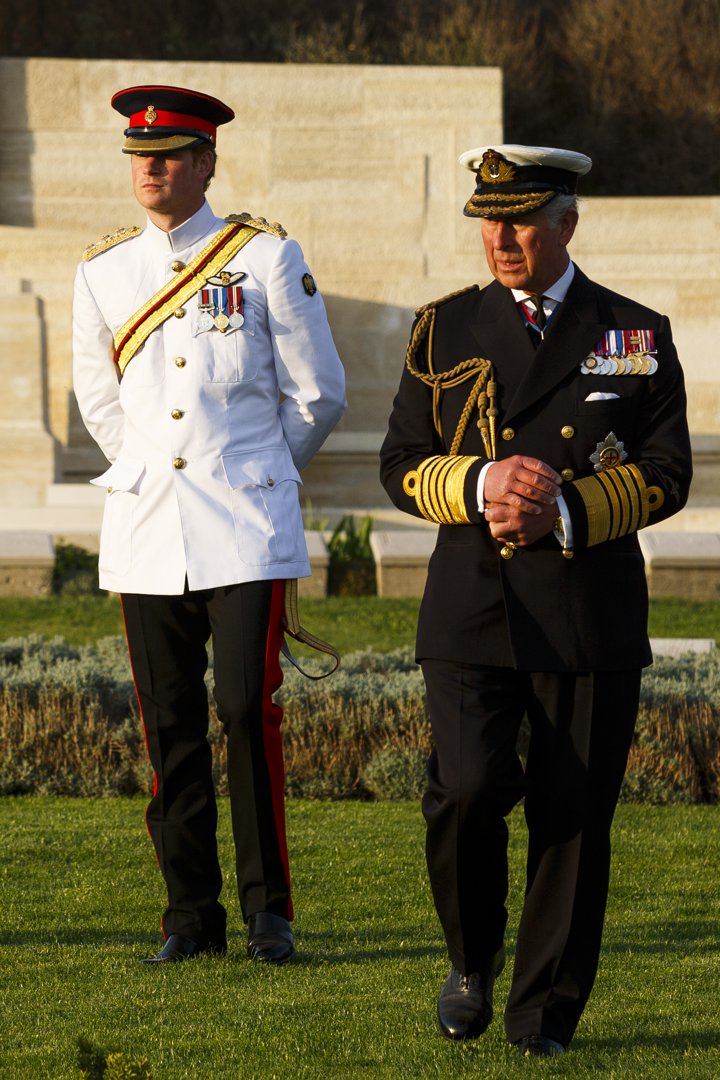 Prince Harry and King Charles III during their visit to V Beach Cemetery on April 24, 2015, in Seddulbahir, Turkey. | Source: Getty Images