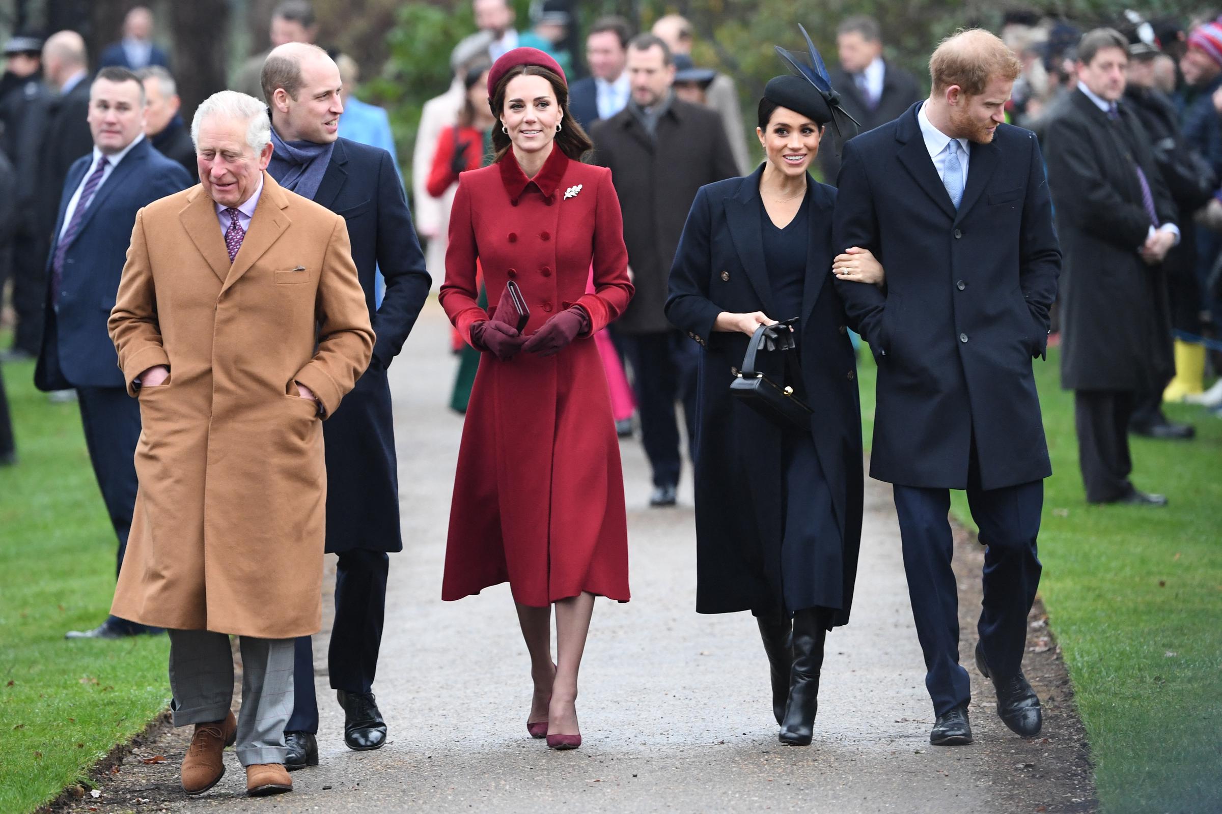 King Charles III, Prince William, Catherine, Princess of Wales, Meghan, Duchess of Sussex, and Prince Harry during the Royal Family's traditional Christmas Day service at St Mary Magdalene Church on December 25, 2018, in Sandringham, England. | Source: Getty Images