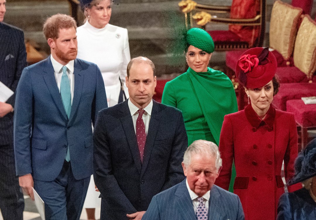Prince Harry, Meghan, Duchess of Sussex, Prince William, Catherine, Princess of Wales, and King Charles III leaving the annual Commonwealth Service on March 9, 2020, in London, England. | Source: Getty Images