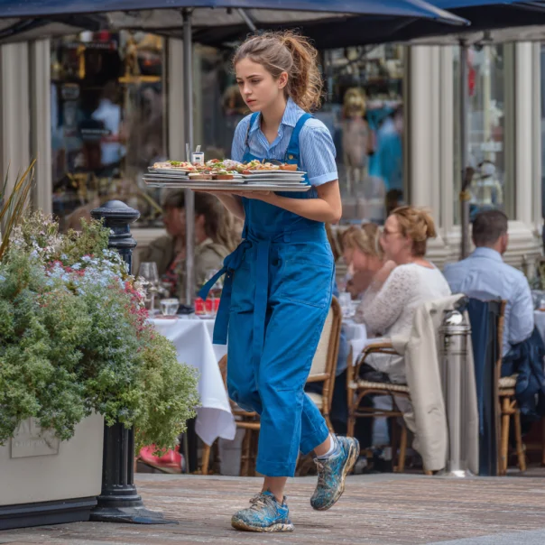 A waitress carrying a tray of food | Source: Midjourney