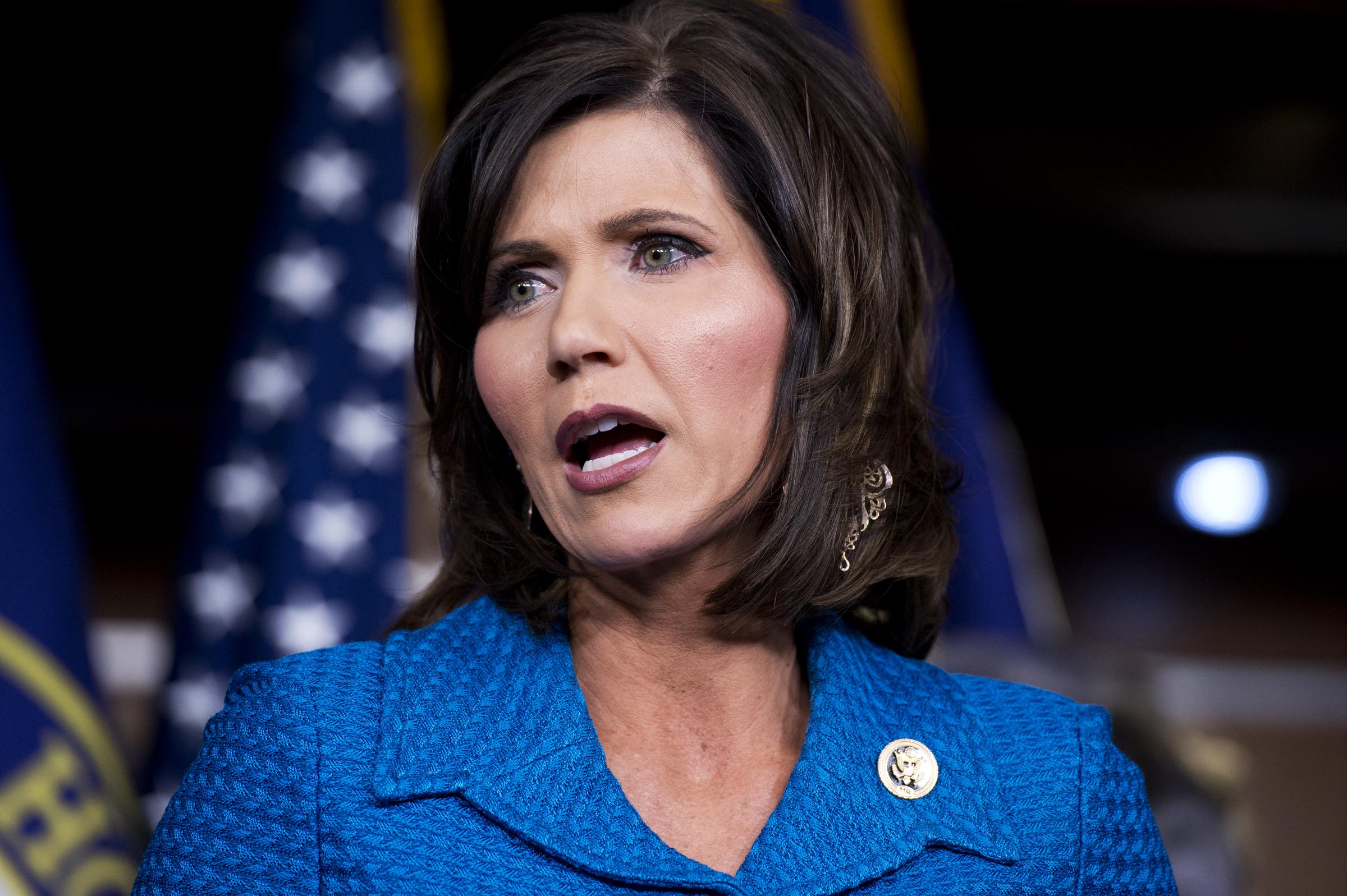 Kristi Noem speaks during a news conference in the Capitol Visitor Center on legislation to end human trafficking on January 27, 2015, in Washington, D.C. | Source: Getty Images