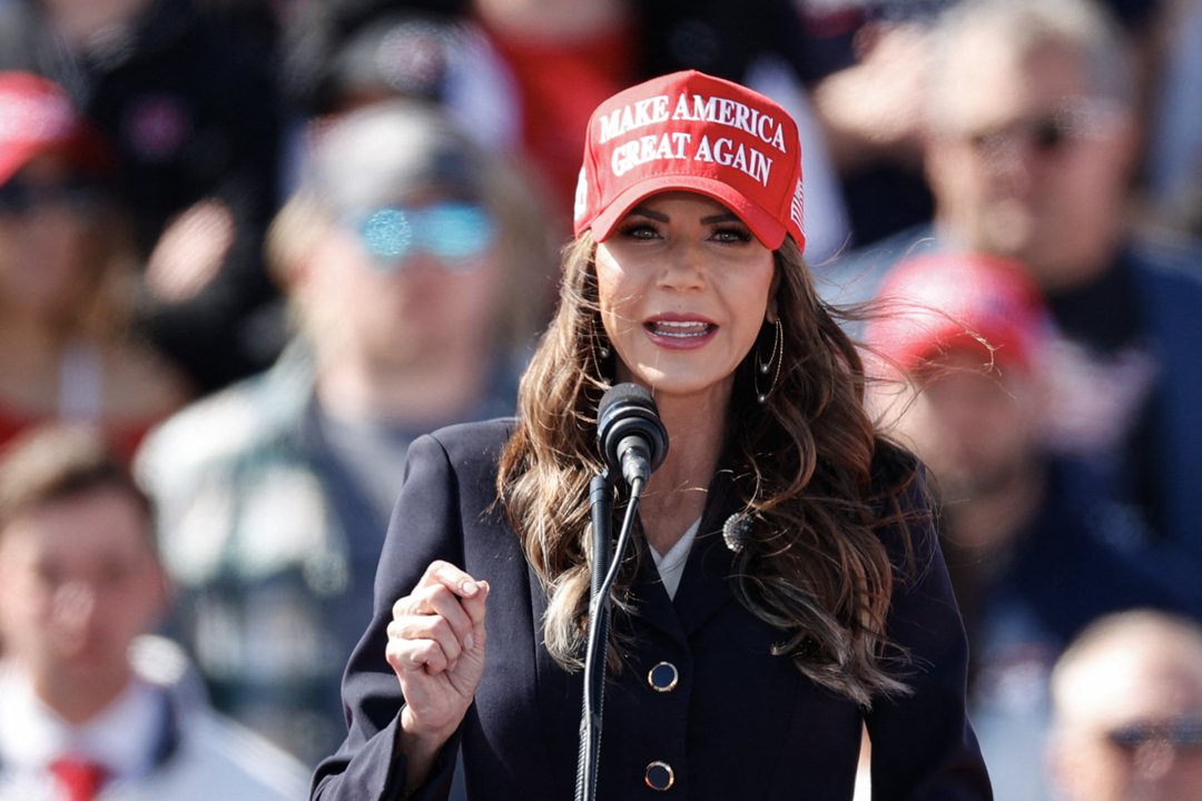 Kristi Noem speaks during a Buckeye Values PAC Rally at Wright Bros. Aero Inc. on March 16, 2024, in Vandalia, Ohio | Source: Getty Images