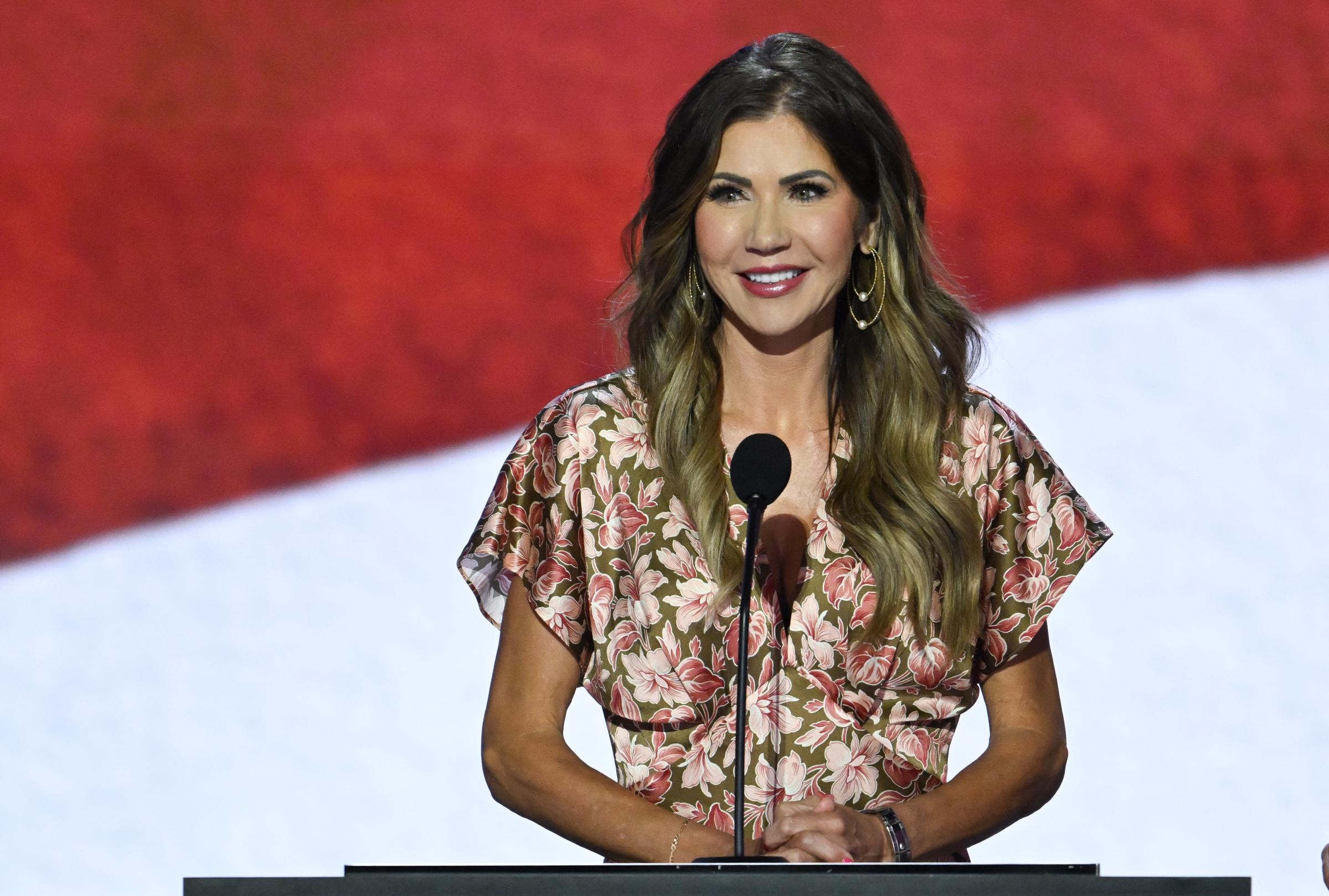 Kristi Noem takes part in a sound check at the Fiserv Forum ahead of the Republican National Convention on July 14, 2024, in Milwaukee, Wisconsin | Source: Getty Images
