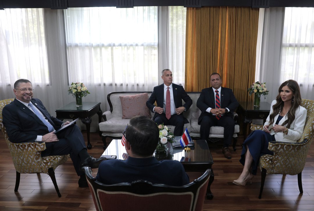 Kristi Noem, Corey Lewandowski (third right), and other government officials meet with President of Costa Rica, Rodrigo Chaves Robles, at the Casa Presidencial on June 25, 2025 | Source: Getty Images