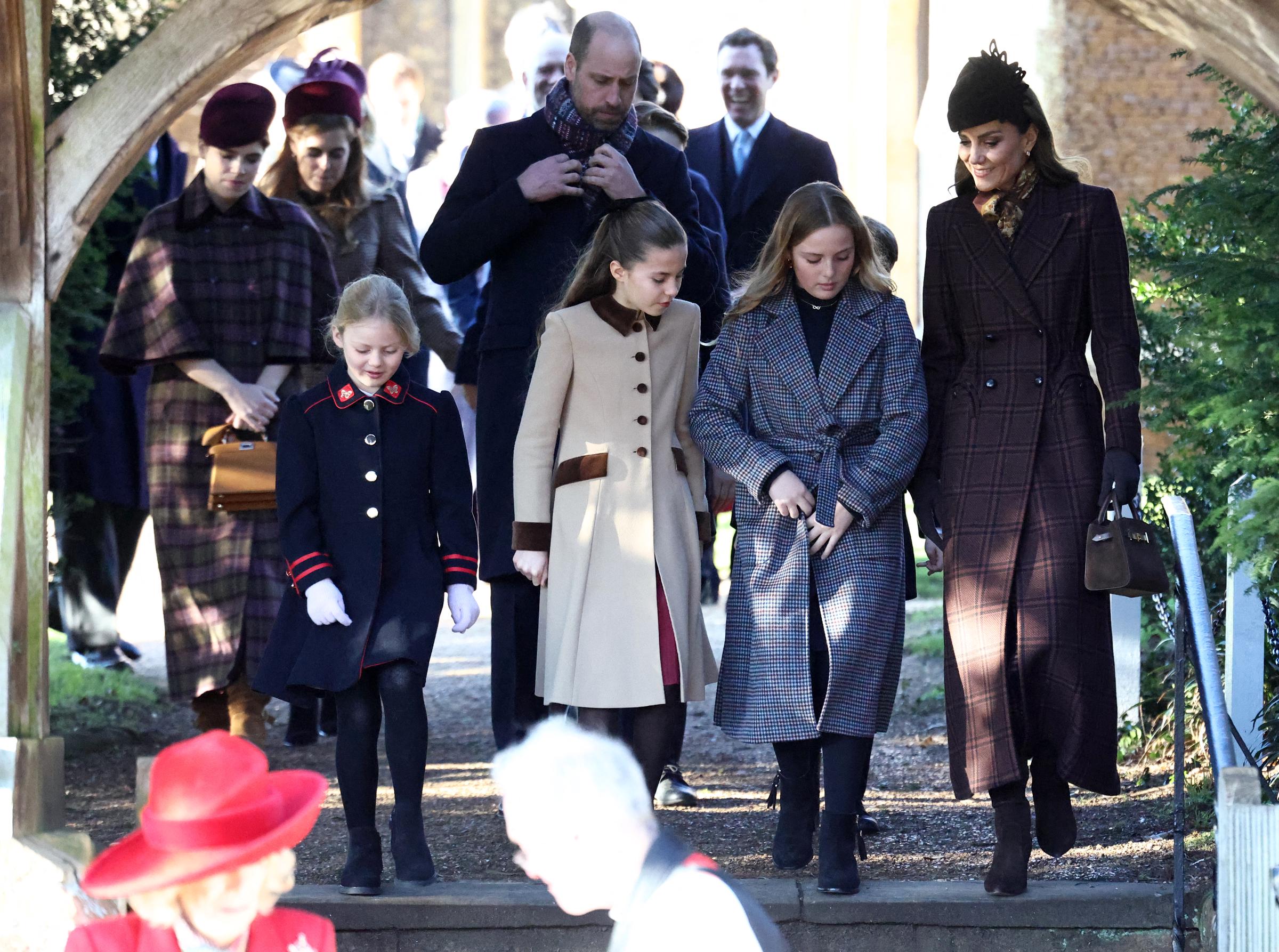 Princess Eugenie, Princess Beatrice, Prince William, Lena Tindall, Princess Charlotte, Mia Tindall, and Catherine, Princess of Wales, after attending the Royal Family's traditional Christmas Day service at St Mary Magdalene Church on December 25, 2025, on the Sandringham Estate in England. | Source: Getty Images